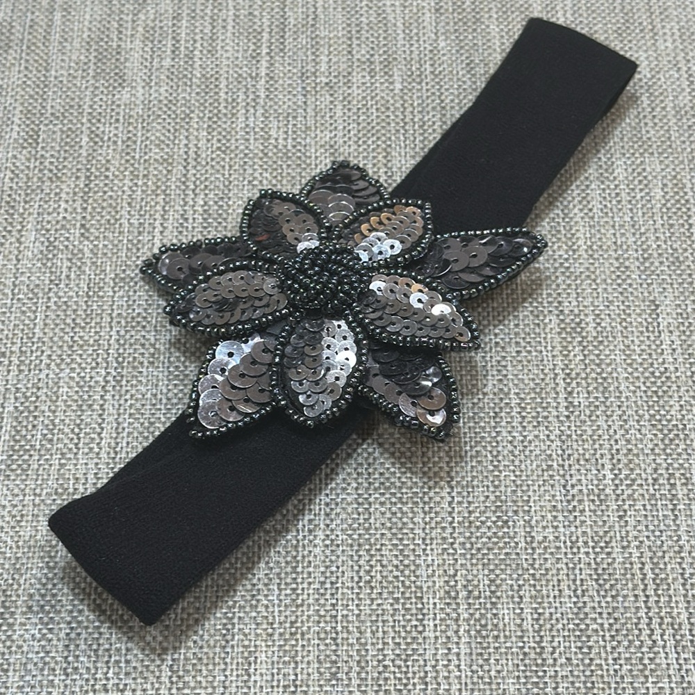 Elegant Black Floral Beaded Sequin Brooch Used as a Headband